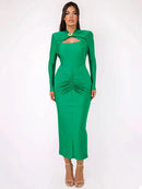 Vestido Midi Justo com Drapeado e Manga Longa Feminino - Essenza