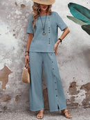 Conjunto Feminino de Linho com Blusa e Calça Pantalona - Essenza