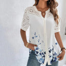 Blusa Social Feminina com Bordado Vazado e Estampa Floral - Essenza
