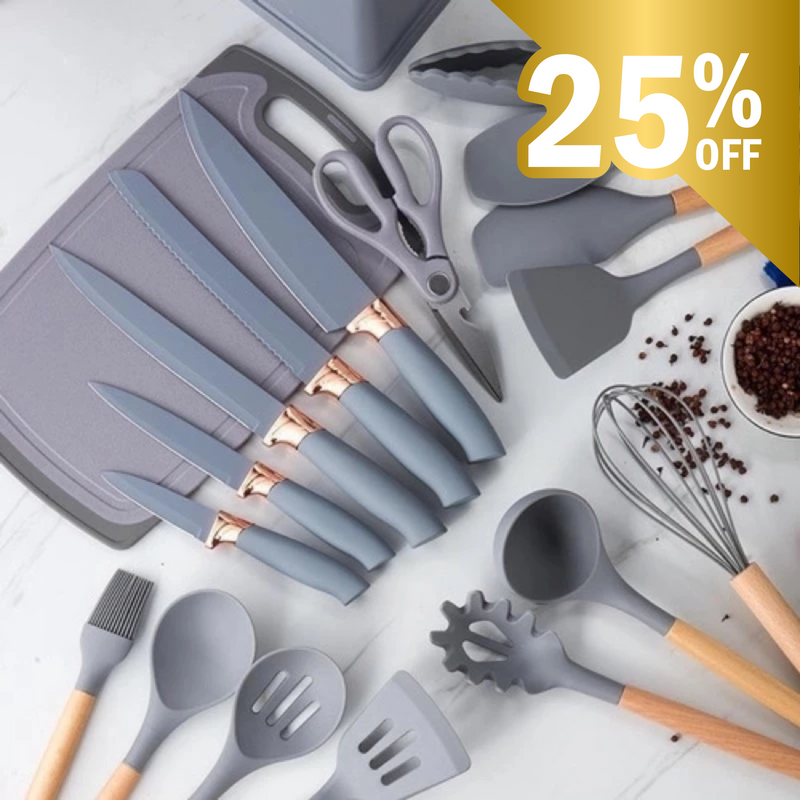 Conjunto de 19 Utensílios de Silicone com Facas e Tábua