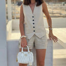 Conjunto Feminino em Alfaiataria - Colete e Shorts no Linho  - Essenza