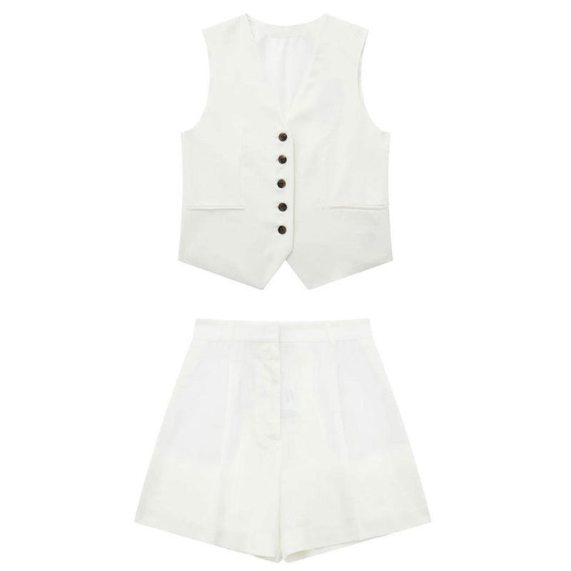 Conjunto Feminino em Alfaiataria - Colete e Shorts no Linho  - Essenza