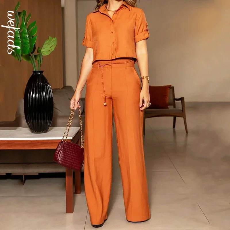 Conjunto Feminino Casual Camisa Cropped e Calça Pantalona - Essenza