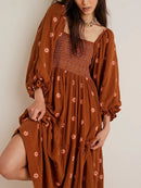 Vestido Longo Boho Bordado com Mangas Bufantes –  Essenza