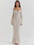 Vestido Longo de Renda com Manga Flare e Ajuste Colado - Essenza