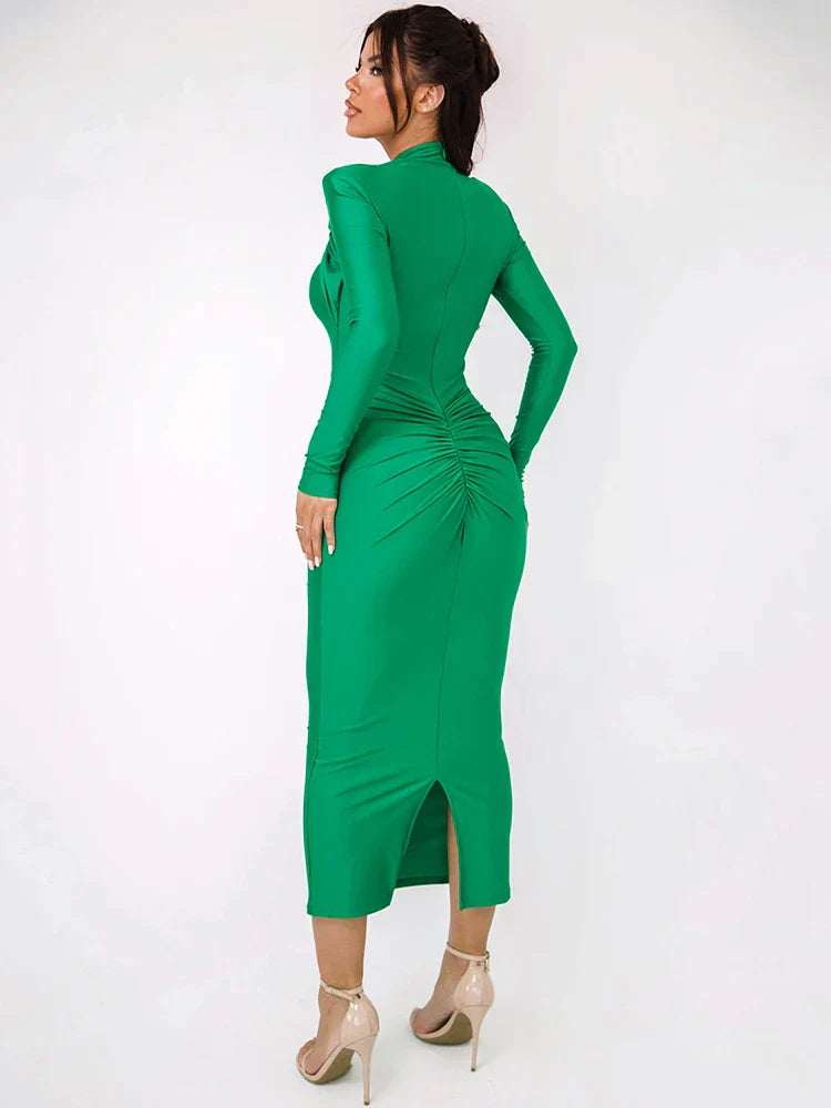 Vestido Midi Justo com Drapeado e Manga Longa Feminino - Essenza