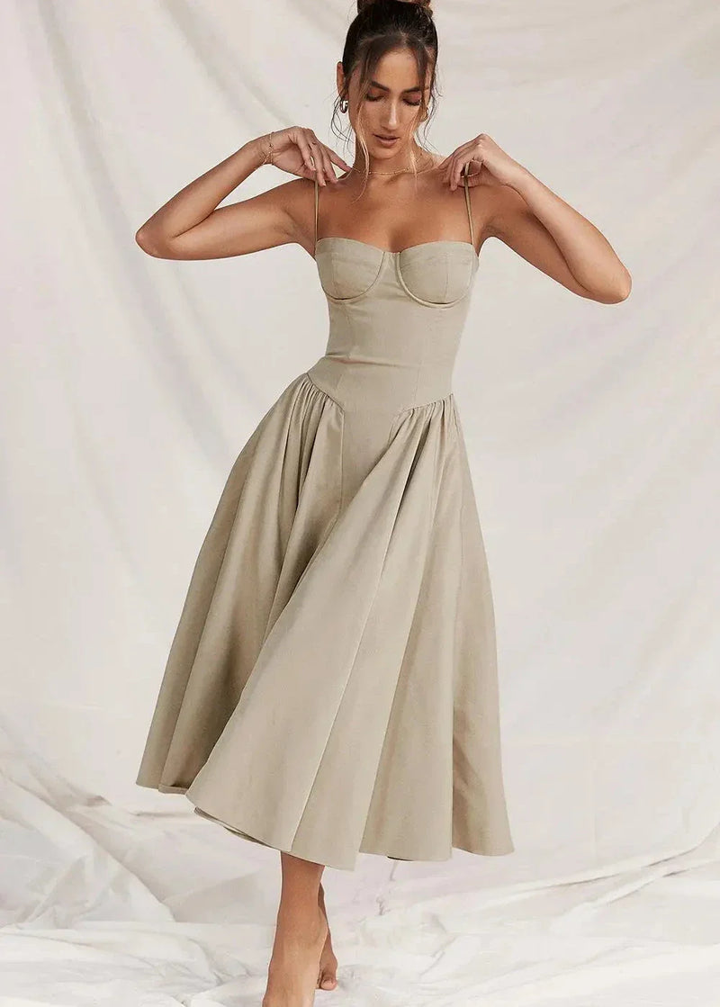 Vestido Midi Evasê com Alças Finas Feminino -Essenza
