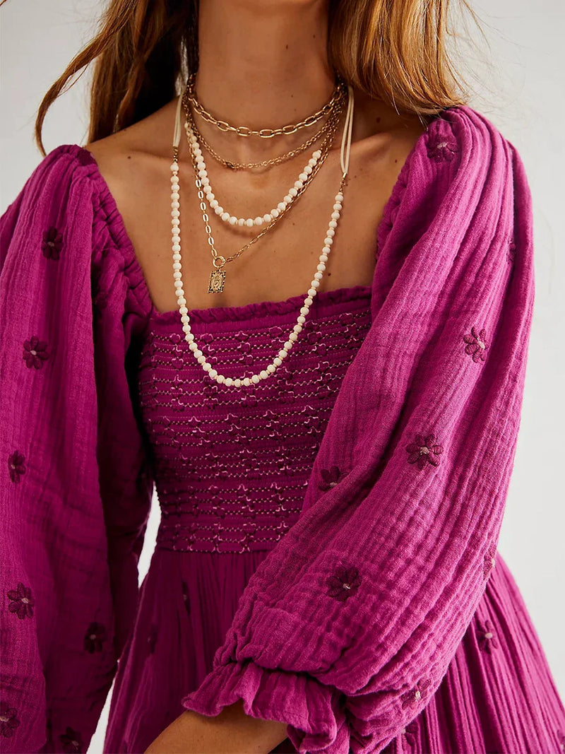 Vestido Longo Boho Bordado com Mangas Bufantes –  Essenza