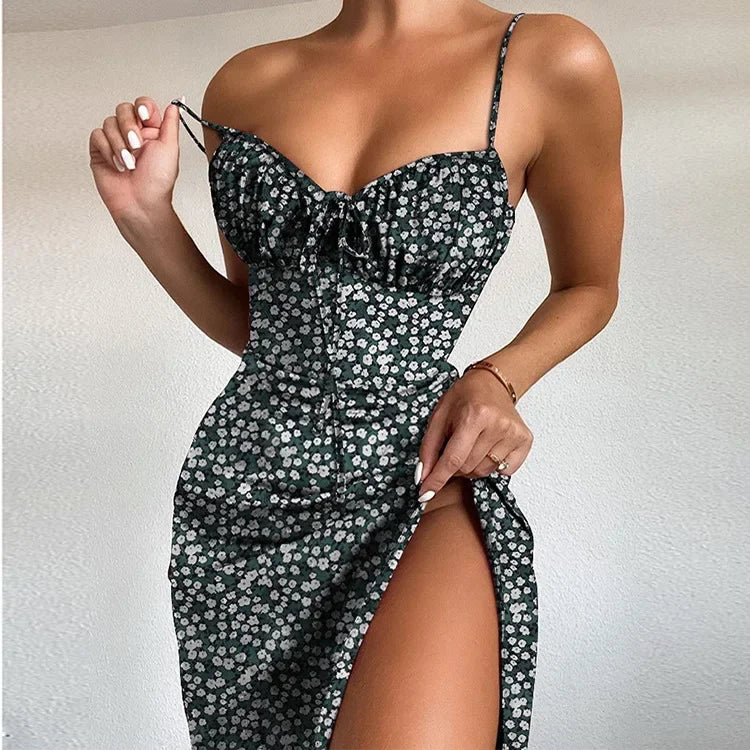 Vestido Midi Floral Feminino com Fenda e Alças Finas Elantra - Essenza