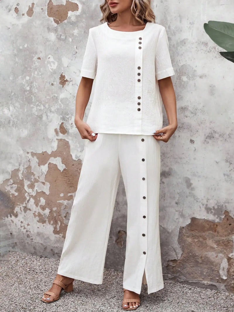 Conjunto Feminino de Linho com Blusa e Calça Pantalona - Essenza