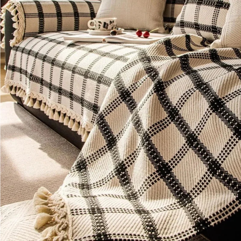 Capa de Sofá Antiderrapante em Algodão Linho com Franjas Offertaza