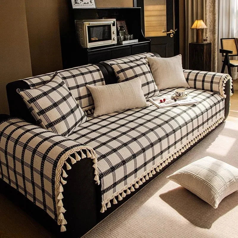 Capa de Sofá Antiderrapante em Algodão Linho com Franjas Offertaza