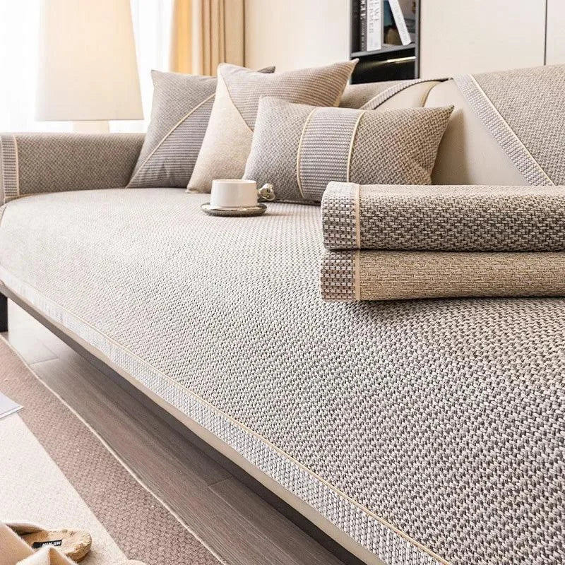Capa de Sofá Antiderrapante em Algodão e Linho Bege Acinzentado Offertaza