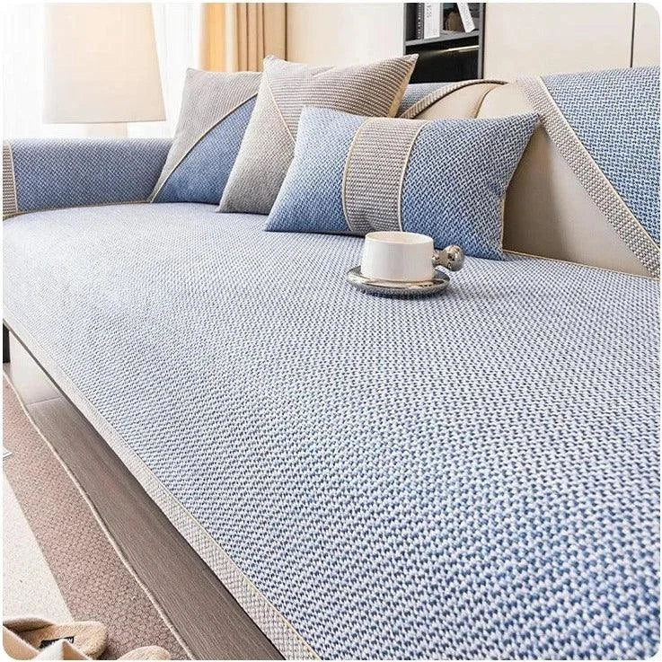 Capa de Sofá Antiderrapante em Algodão e Linho Azul Claro Offertaza