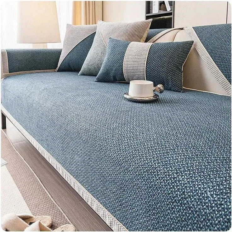 Capa de Sofá Antiderrapante em Algodão e Linho Azul Escuro Offertaza