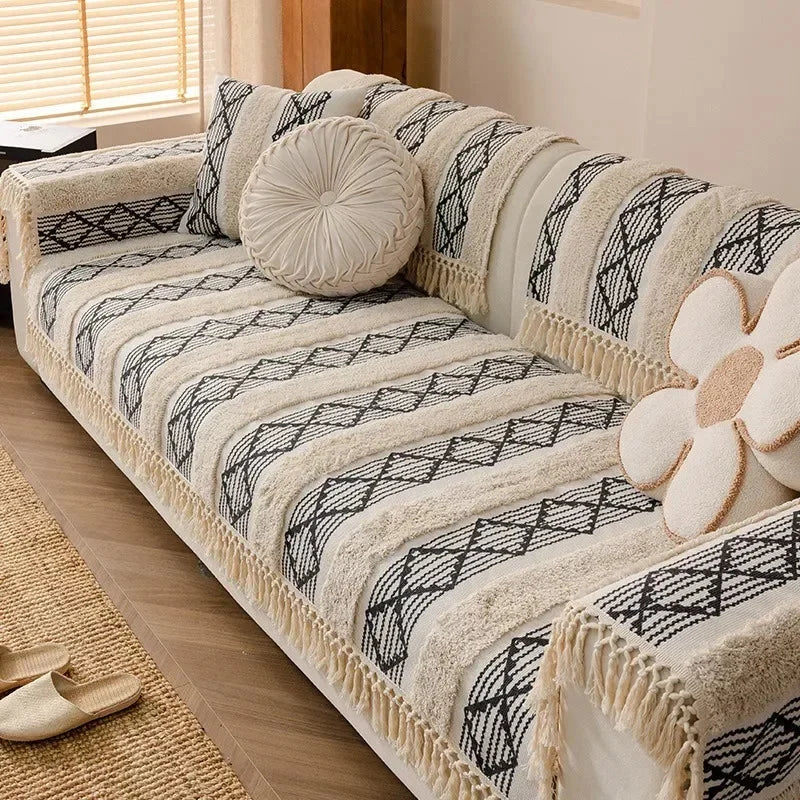 Capa de Sofá Estilo Boho em Algodão e Linho com Design 3D Offertaza
