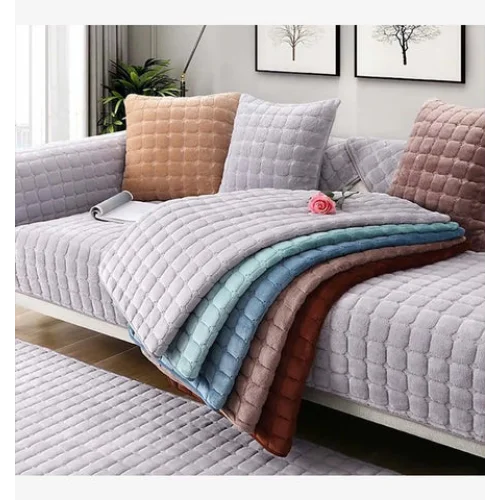 Capa de Sofá Veludo Xadrez Pelúcia Antiderrapante Espessada Cinza Offertaza