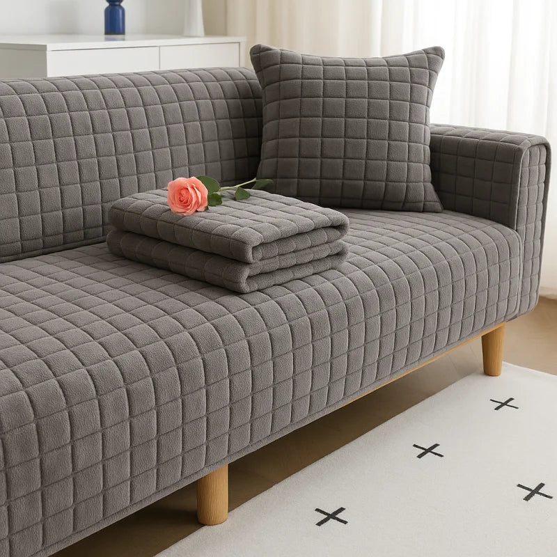 Capa de Sofá Veludo Xadrez Pelúcia Antiderrapante Espessada Cinza Offertaza