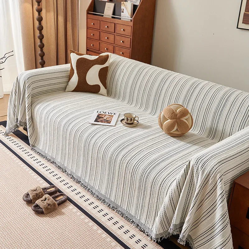 Capa para Sofá Chenille Bege com Listras Decorativas em Peça Única Offertaza