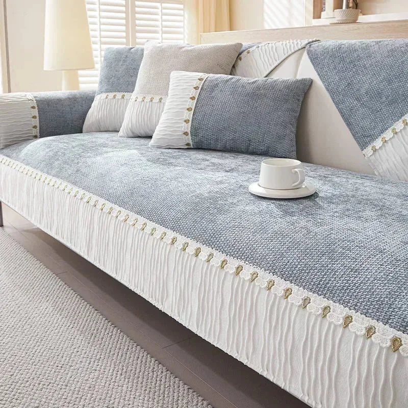 Capa para Sofá Chenille Antiderrapante com Acabamento Elegante Azul Offertaza