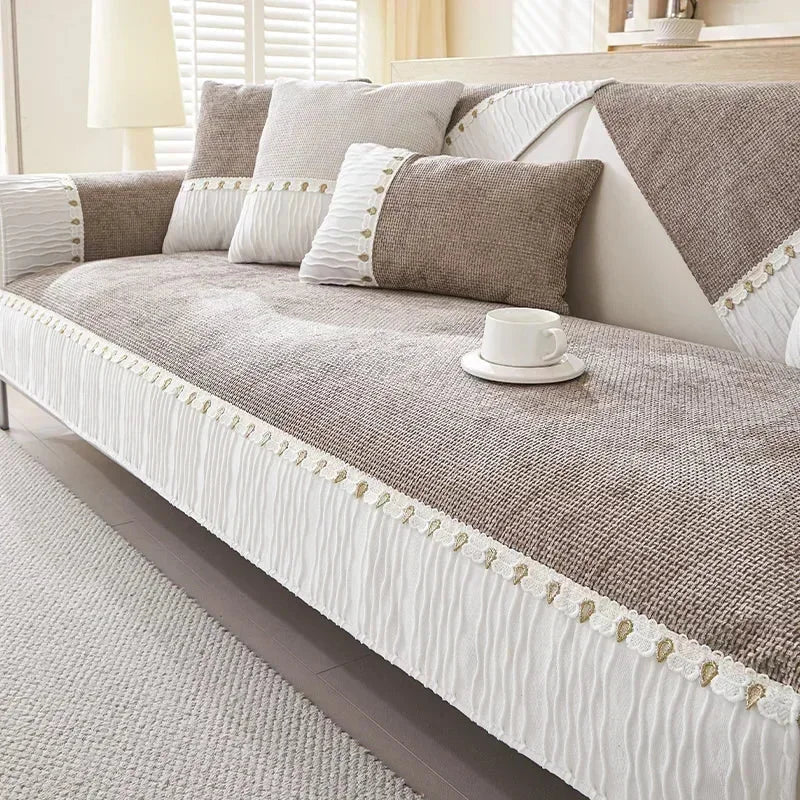 Capa para Sofá Chenille Antiderrapante com Acabamento Elegante Marrom Escuro Offertaza