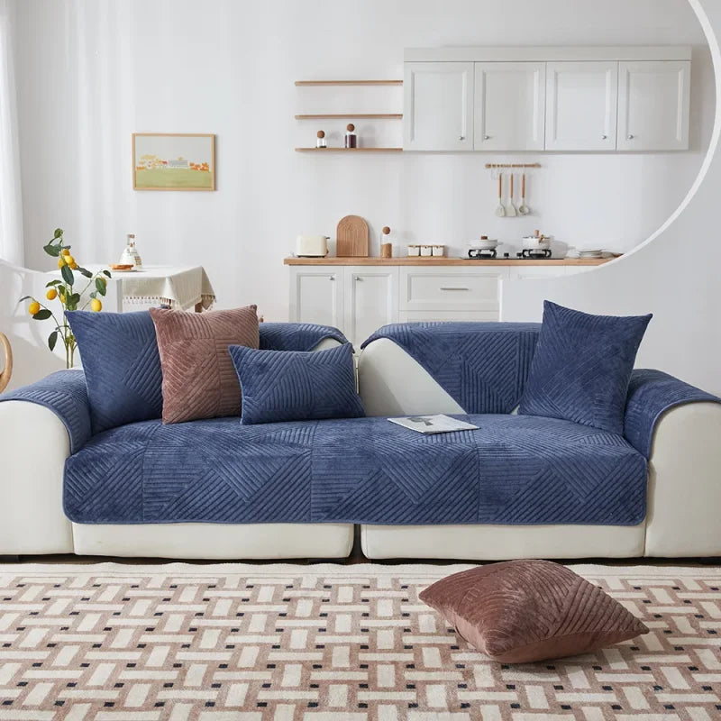 Capa Protetora para Sofá em Veludo Cristal Antiderrapante Azul Offertaza