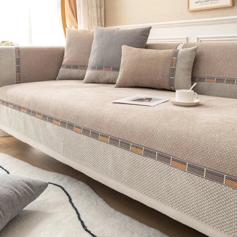 Capa Protetora para Sofá Chenille Antiderrapante Marrom Claro Offertaza