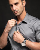 Camisa Social Manga Longa de Seda em Gelo - Offertaza