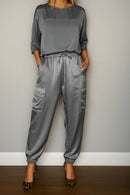 Conjunto Feminino Calça e Blusa em Seda Turquesa - Essenza