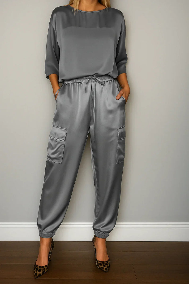 Conjunto Feminino Calça e Blusa em Seda Turquesa - Essenza