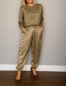 Conjunto Feminino Calça e Blusa em Seda Turquesa - Essenza