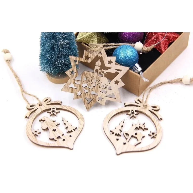 Pingentes de Natal Rústicos em Madeira 12 Unidades para Árvore Offertaza