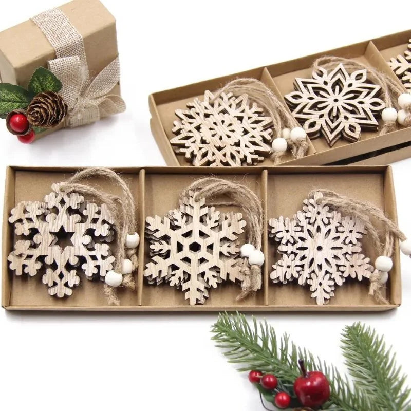 Pingentes de Natal Rústicos em Madeira 12 Unidades para Árvore Offertaza