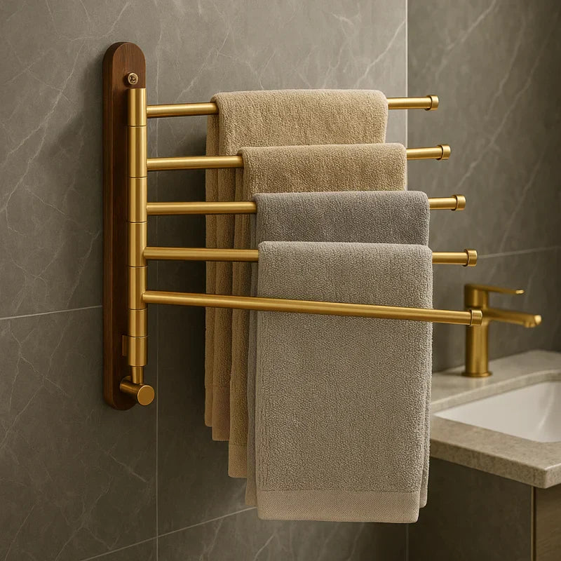 Toalheiro de Parede Escovado Dourado com Madeira Nogueira Offertaza